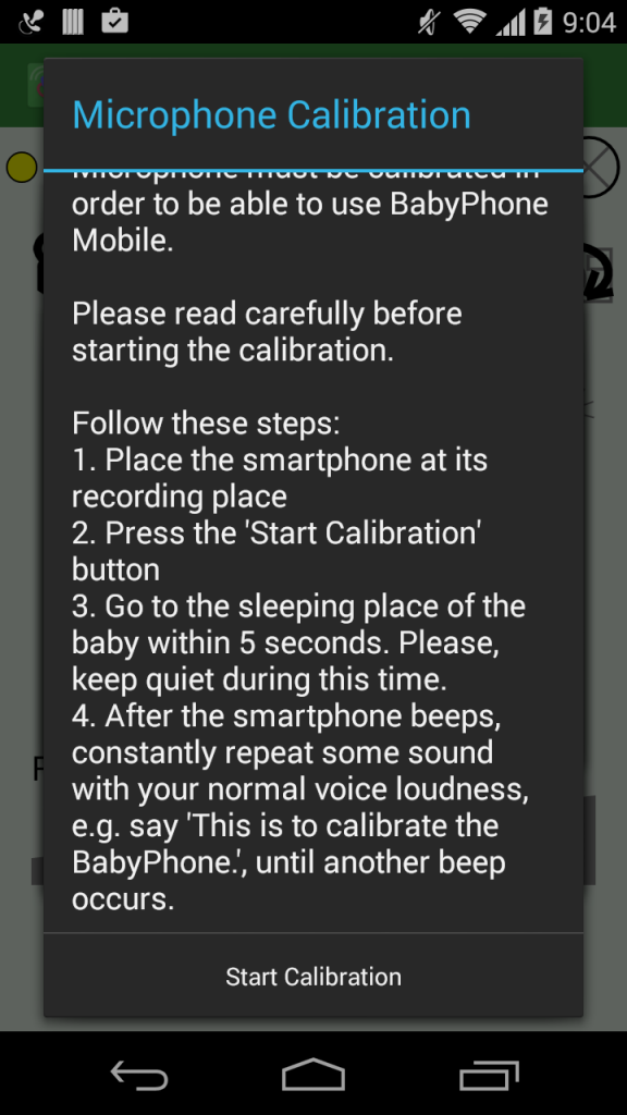 Microphone Calibration Screen for Baby Phone Android app